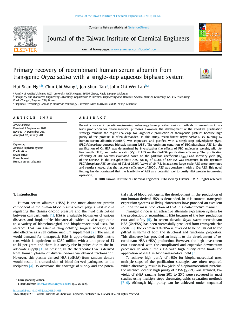 عکس صفحه اول مقاله: Primary recovery of recombinant human serum albumin from transgenic Oryza sativa with a single-step aqueous biphasic system Primary recovery of recombinant human serum albumin from transgenic Oryza sativa with a single-step aqueous biphasic system