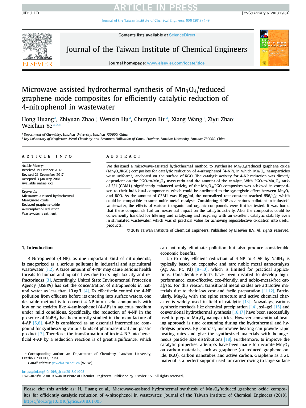 Microwave-assisted hydrothermal synthesis of Mn3O4/reduced graphene oxide composites for efficiently catalytic reduction of 4-nitrophenol in wastewater