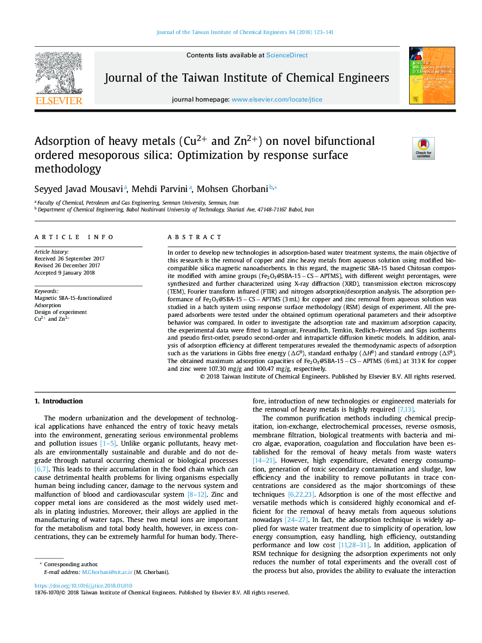 Adsorption of heavy metals (Cu2+ and Zn2+) on novel bifunctional ordered mesoporous silica: Optimization by response surface methodology