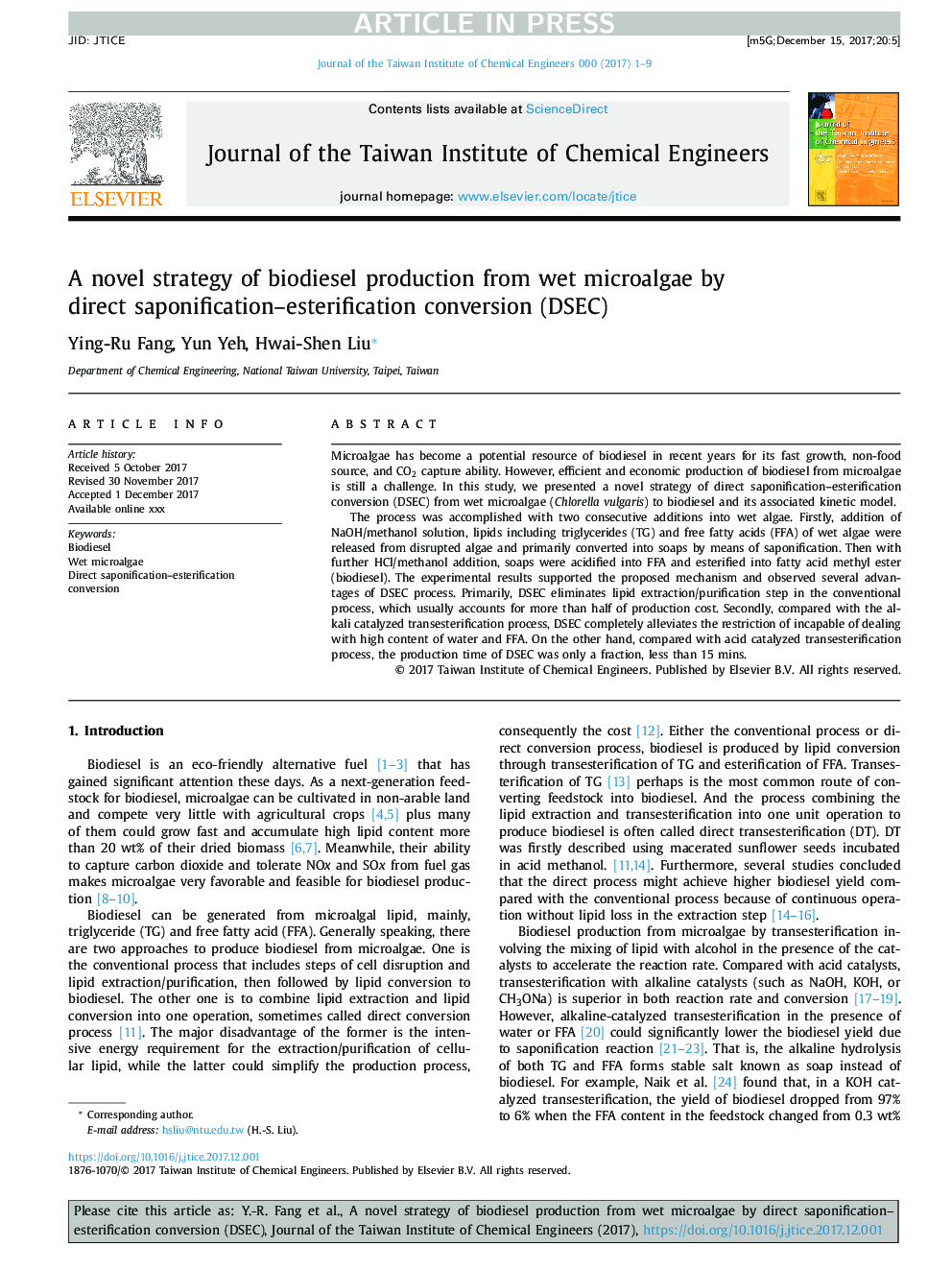 A novel strategy of biodiesel production from wet microalgae by direct saponification-esterification conversion (DSEC)