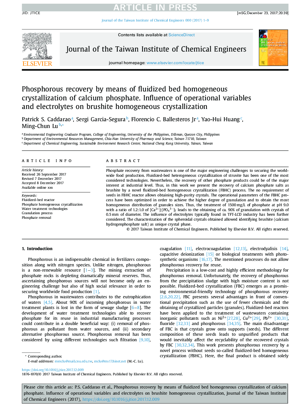 Phosphorous recovery by means of fluidized bed homogeneous crystallization of calcium phosphate. Influence of operational variables and electrolytes on brushite homogeneous crystallization