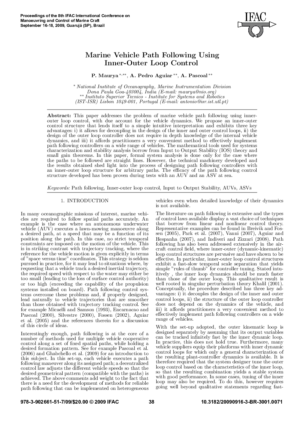 Marine Vehicle Path Following Using Inner-Outer Loop Control