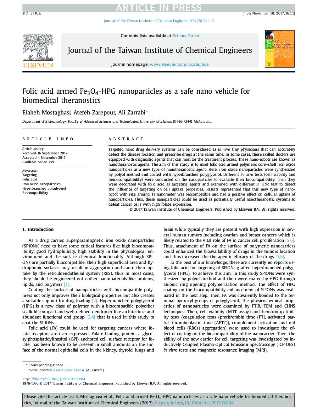 Folic acid armed Fe3O4-HPG nanoparticles as a safe nano vehicle for biomedical theranostics