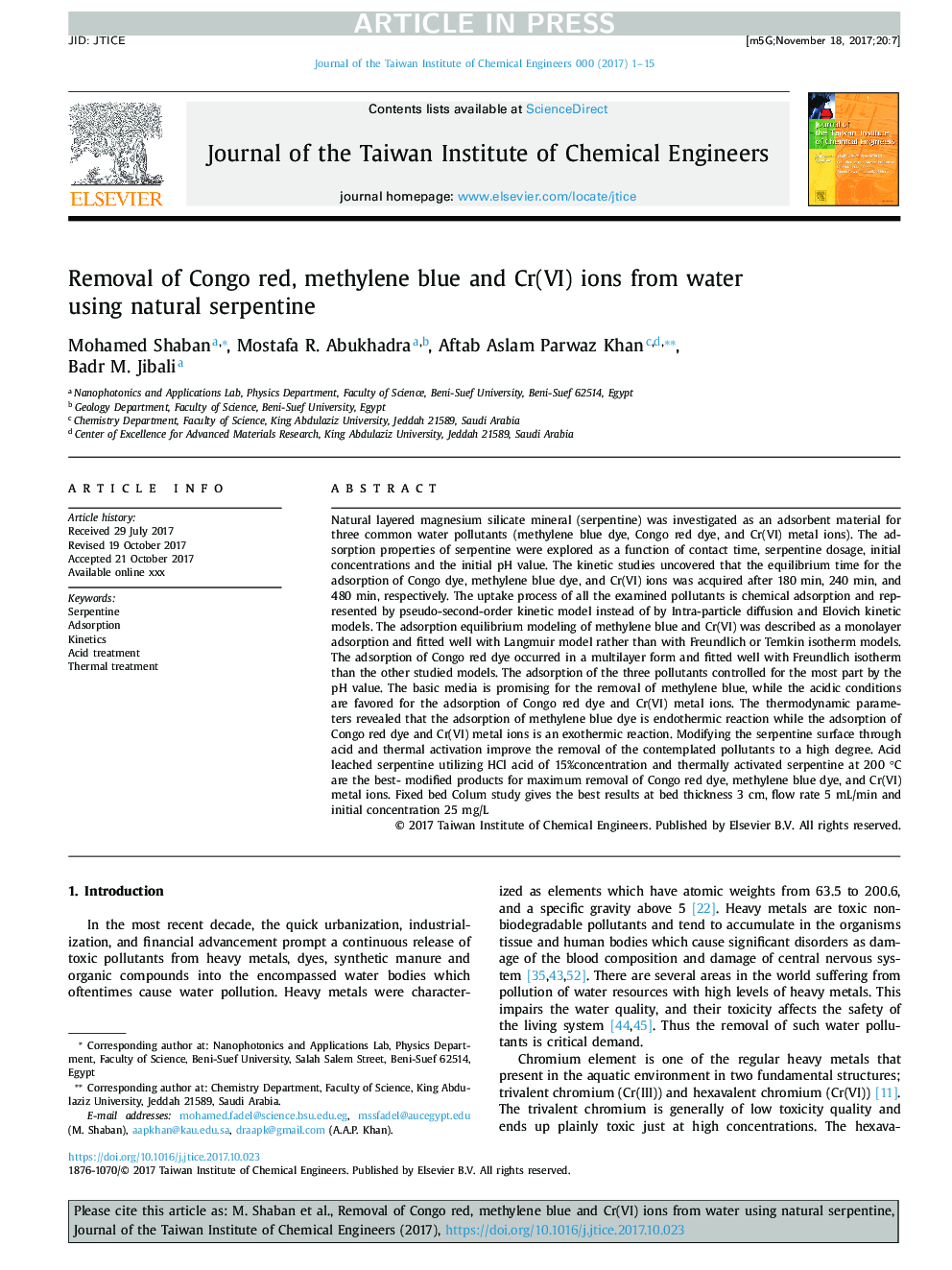 Removal of Congo red, methylene blue and Cr(VI) ions from water using natural serpentine