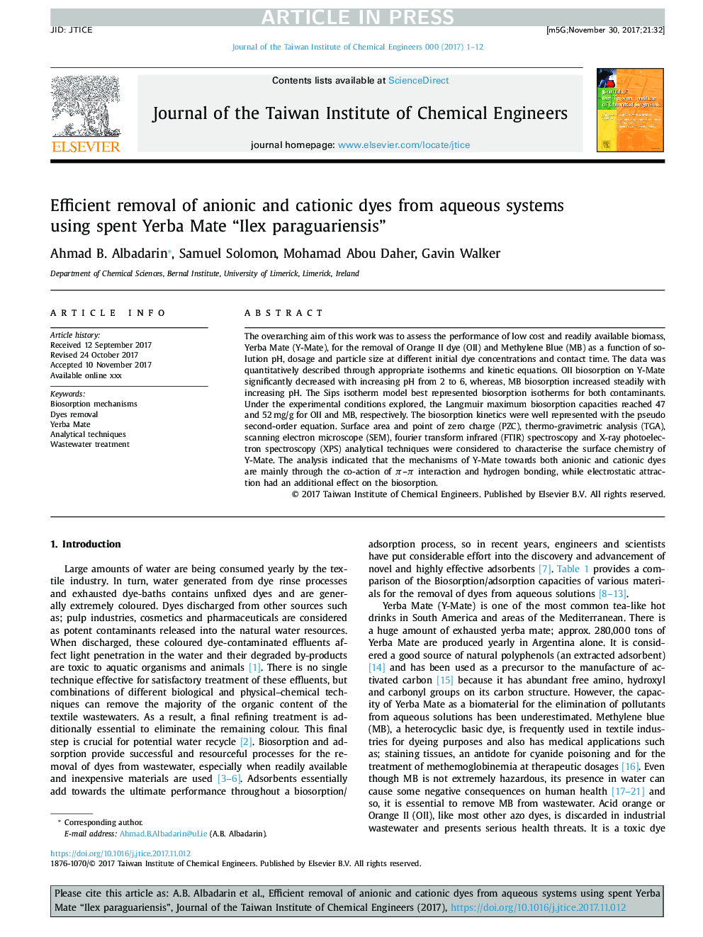 Efficient removal of anionic and cationic dyes from aqueous systems using spent Yerba Mate “Ilex paraguariensis”