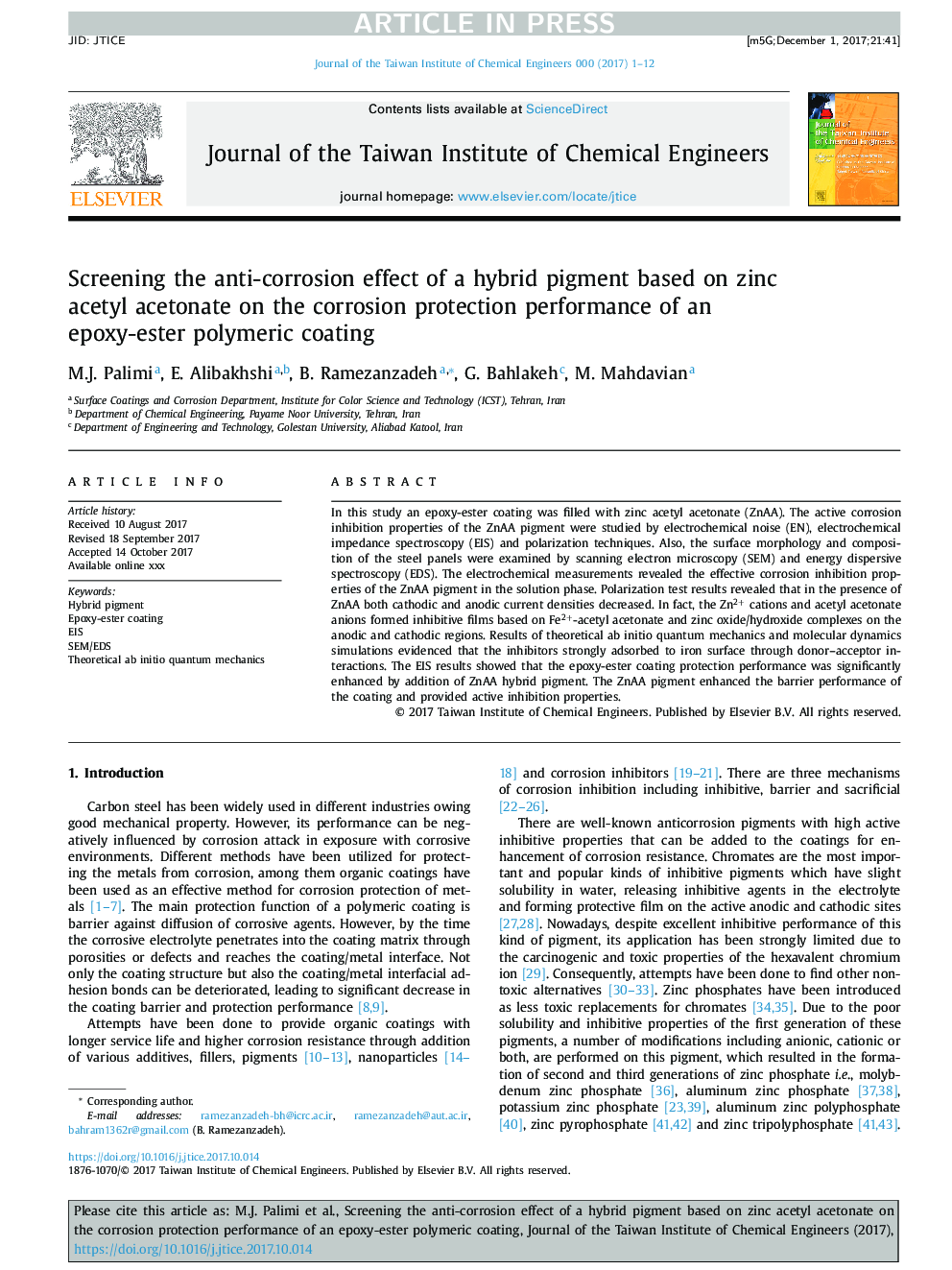 Screening the anti-corrosion effect of a hybrid pigment based on zinc acetyl acetonate on the corrosion protection performance of an epoxy-ester polymeric coating