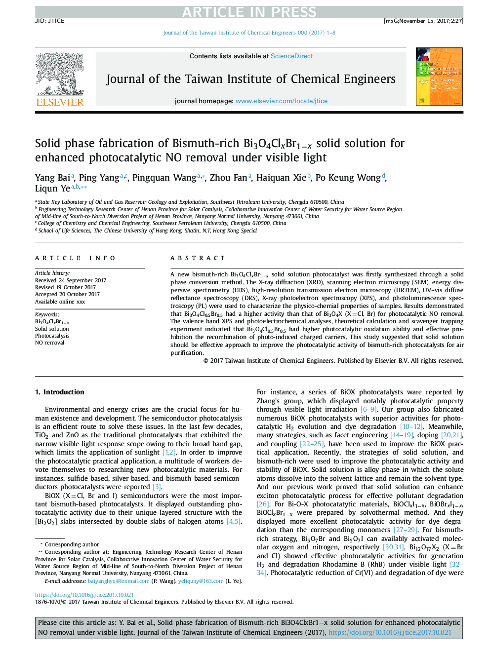 Solid phase fabrication of Bismuth-rich Bi3O4ClxBr1âx solid solution for enhanced photocatalytic NO removal under visible light
