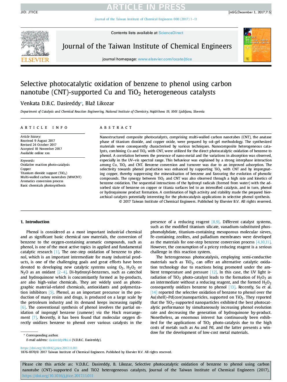 Selective photocatalytic oxidation of benzene to phenol using carbon nanotube (CNT)-supported Cu and TiO2 heterogeneous catalysts