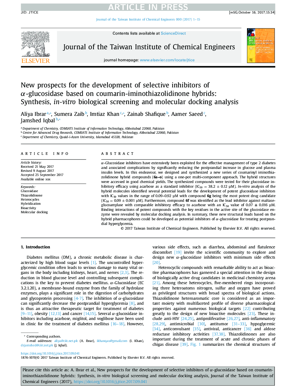 New prospects for the development of selective inhibitors of Î±-glucosidase based on coumarin-iminothiazolidinone hybrids: Synthesis, in-vitro biological screening and molecular docking analysis