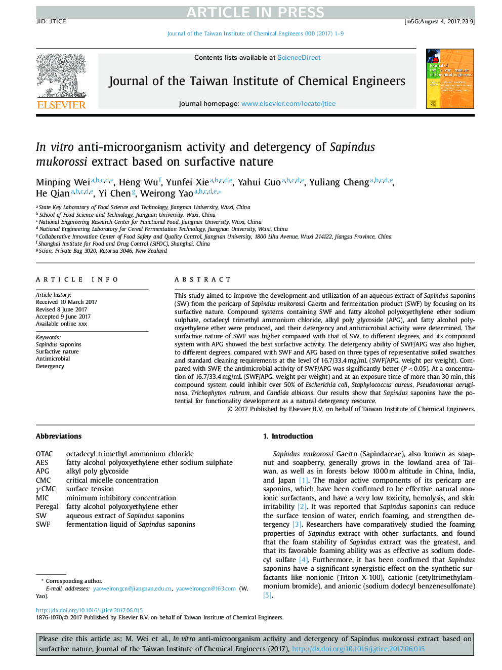 In vitro anti-microorganism activity and detergency of Sapindus mukorossi extract based on surfactive nature