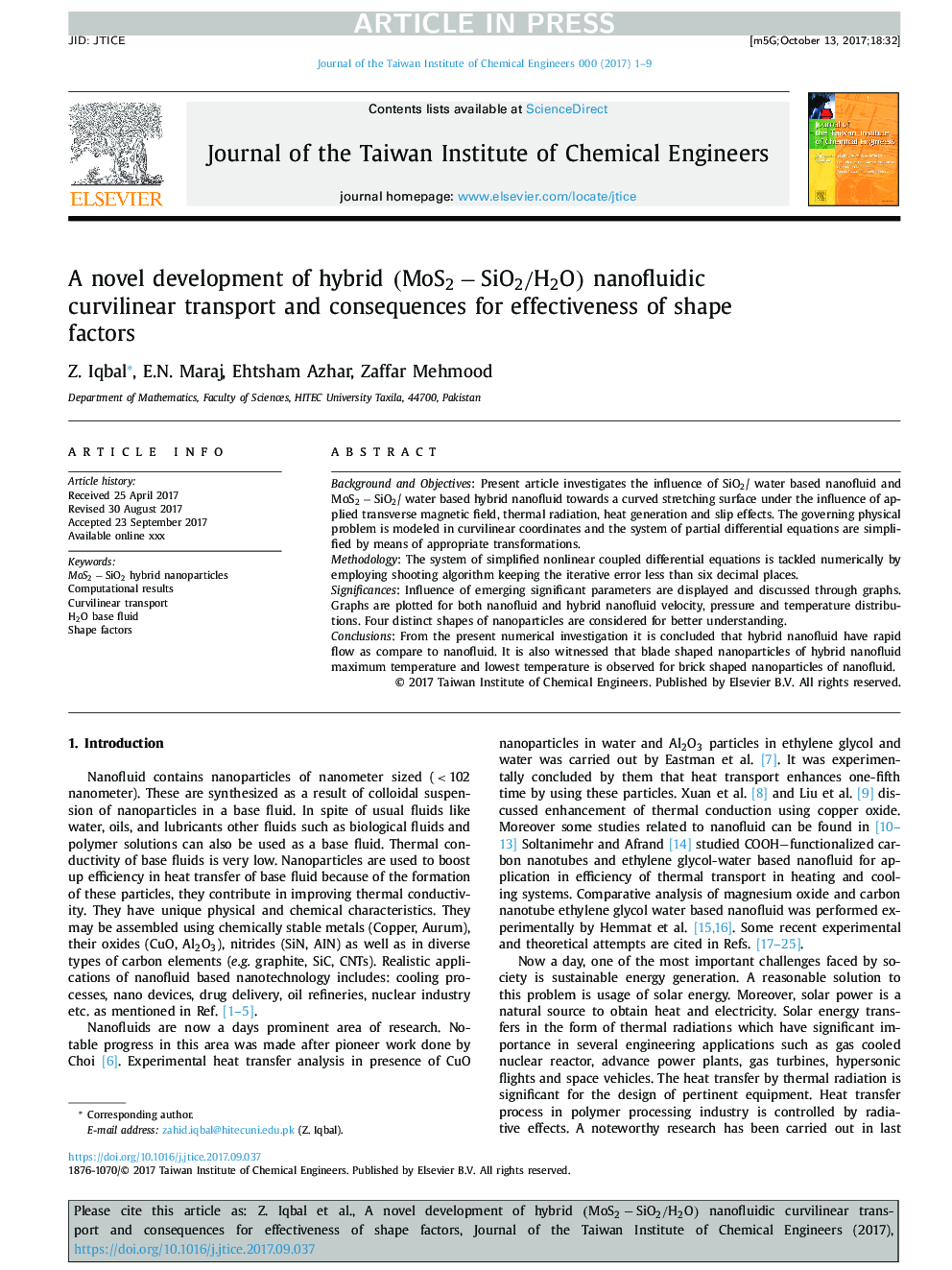 A novel development of hybrid (MoS2âSiO2/H2O) nanofluidic curvilinear transport and consequences for effectiveness of shape factors