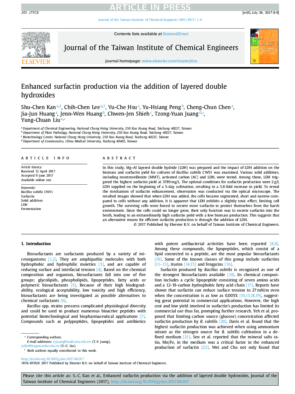 Enhanced surfactin production via the addition of layered double hydroxides