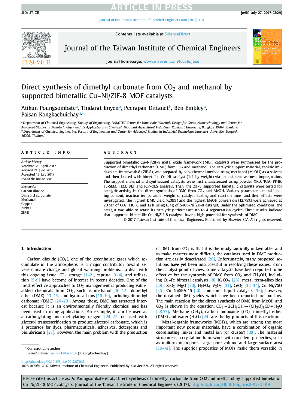 Direct synthesis of dimethyl carbonate from CO2 and methanol by supported bimetallic Cu-Ni/ZIF-8 MOF catalysts