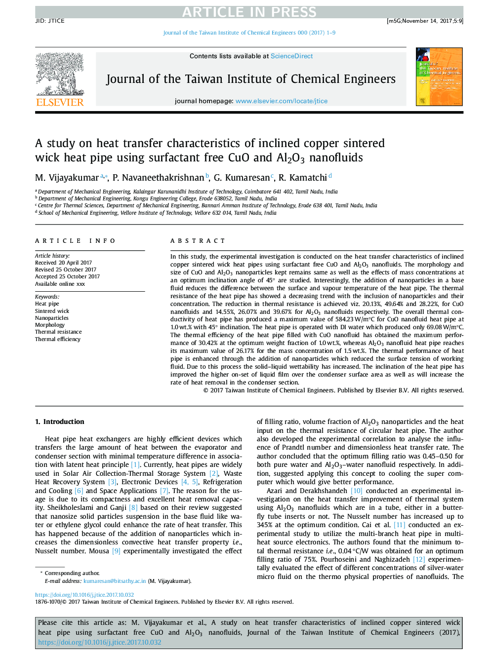 A study on heat transfer characteristics of inclined copper sintered wick heat pipe using surfactant free CuO and Al2O3 nanofluids