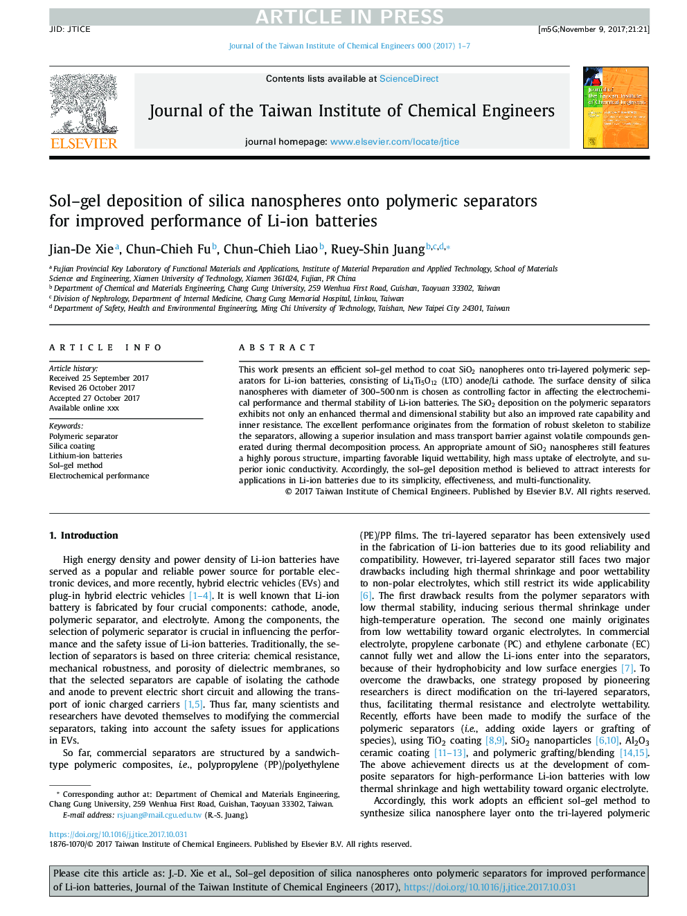 Sol-gel deposition of silica nanospheres onto polymeric separators for improved performance of Li-ion batteries