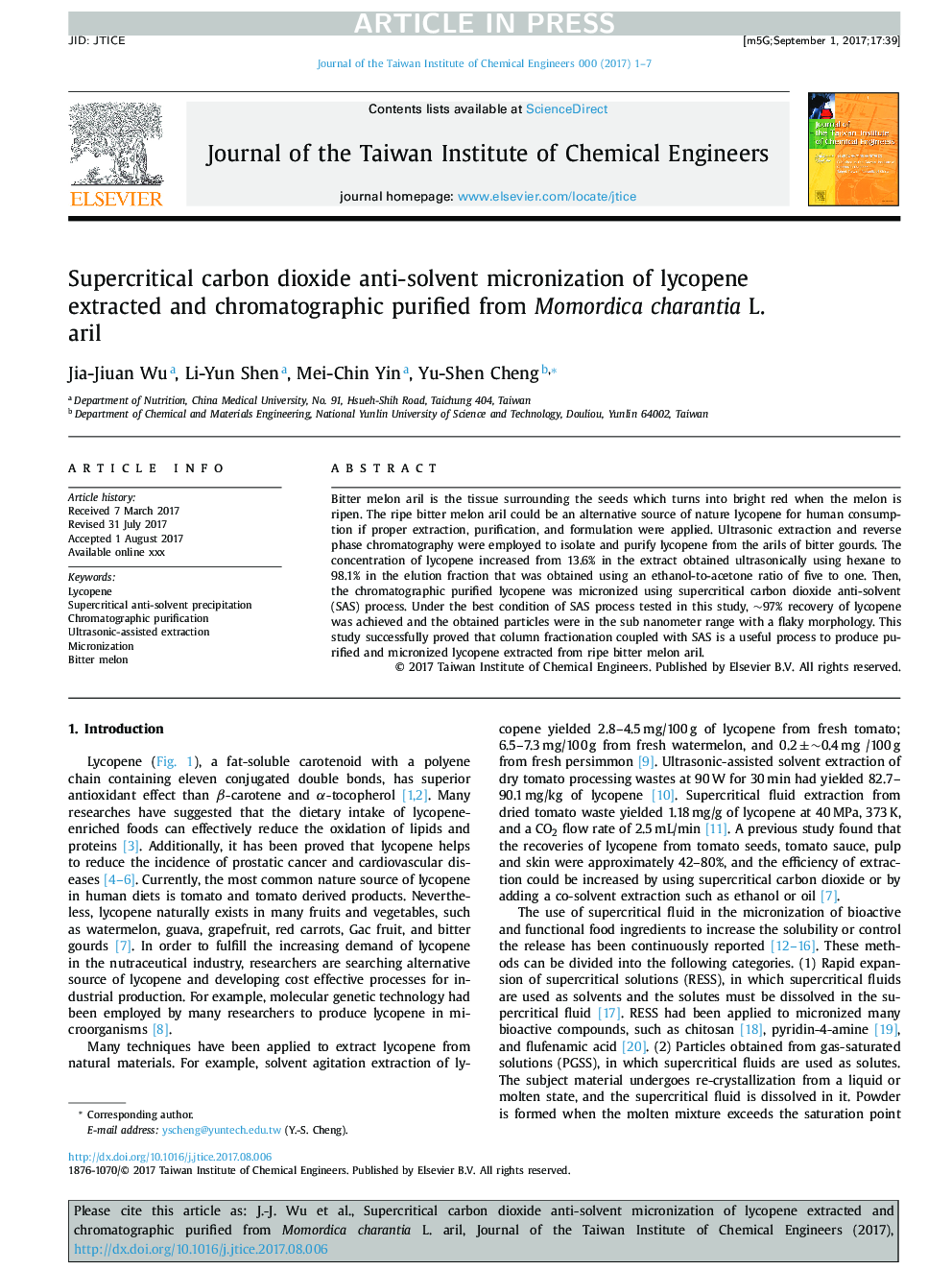 Supercritical carbon dioxide anti-solvent micronization of lycopene extracted and chromatographic purified from Momordica charantia L. aril