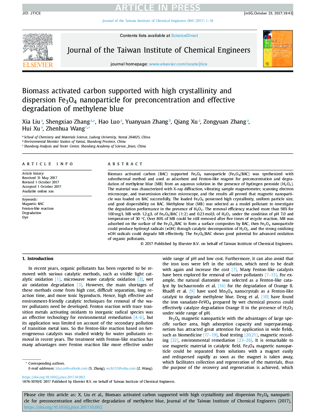 Biomass activated carbon supported with high crystallinity and dispersion Fe3O4 nanoparticle for preconcentration and effective degradation of methylene blue