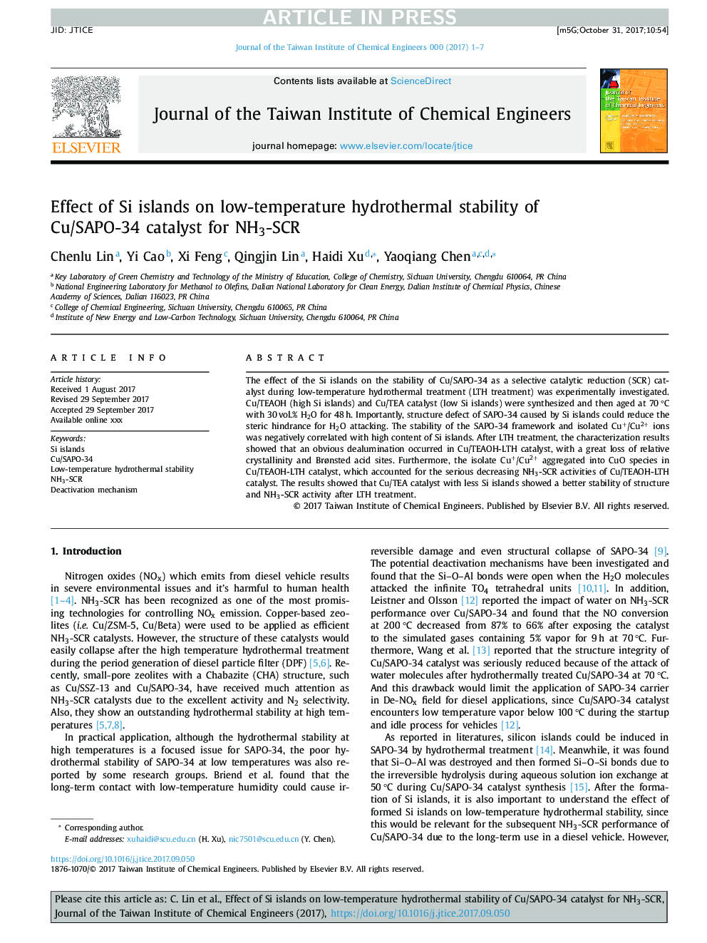 Effect of Si islands on low-temperature hydrothermal stability of Cu/SAPO-34 catalyst for NH3-SCR