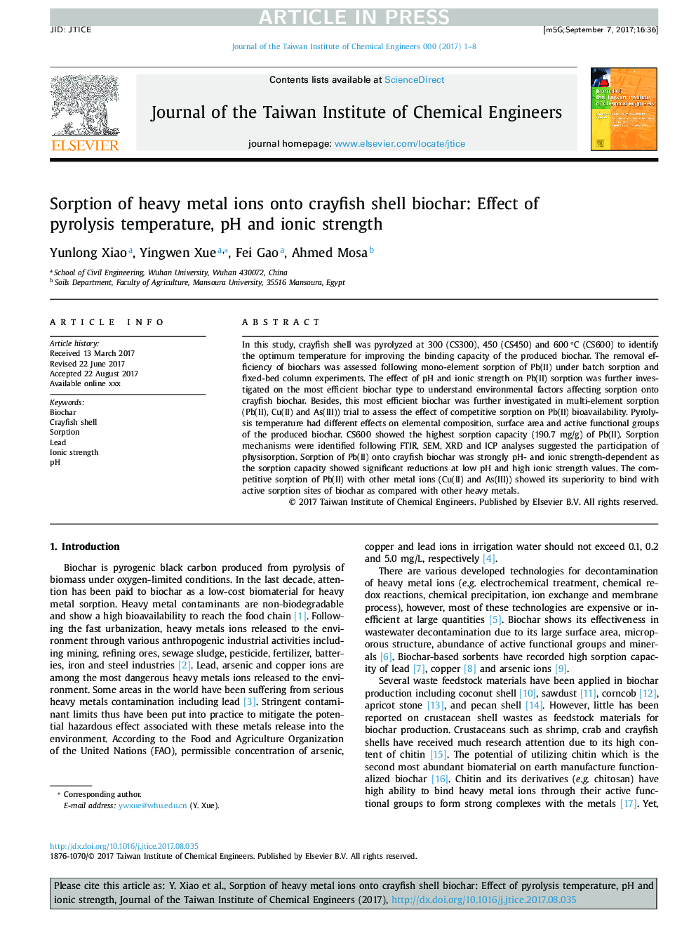 Sorption of heavy metal ions onto crayfish shell biochar: Effect of pyrolysis temperature, pH and ionic strength