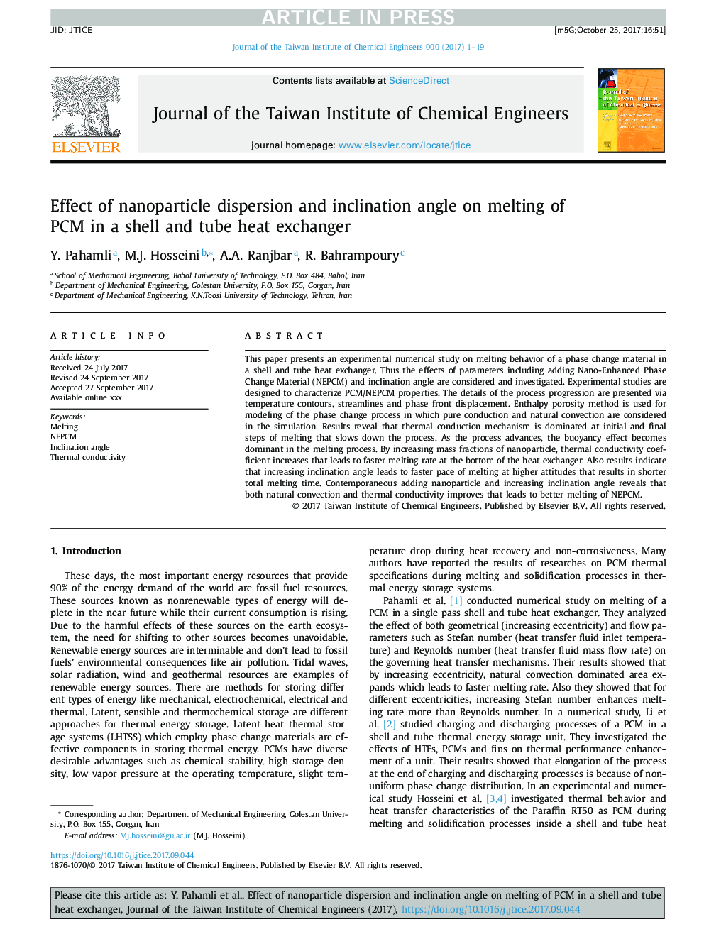 Effect of nanoparticle dispersion and inclination angle on melting of PCM in a shell and tube heat exchanger