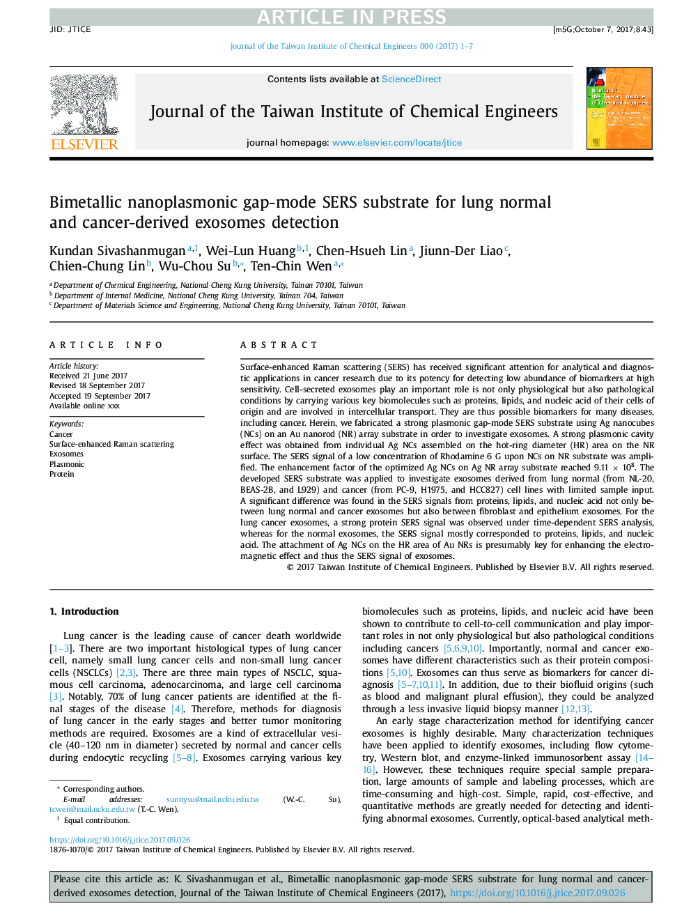 عکس صفحه اول مقاله: Bimetallic nanoplasmonic gap-mode SERS substrate for lung normal and cancer-derived exosomes detection Bimetallic nanoplasmonic gap-mode SERS substrate for lung normal and cancer-derived exosomes detection