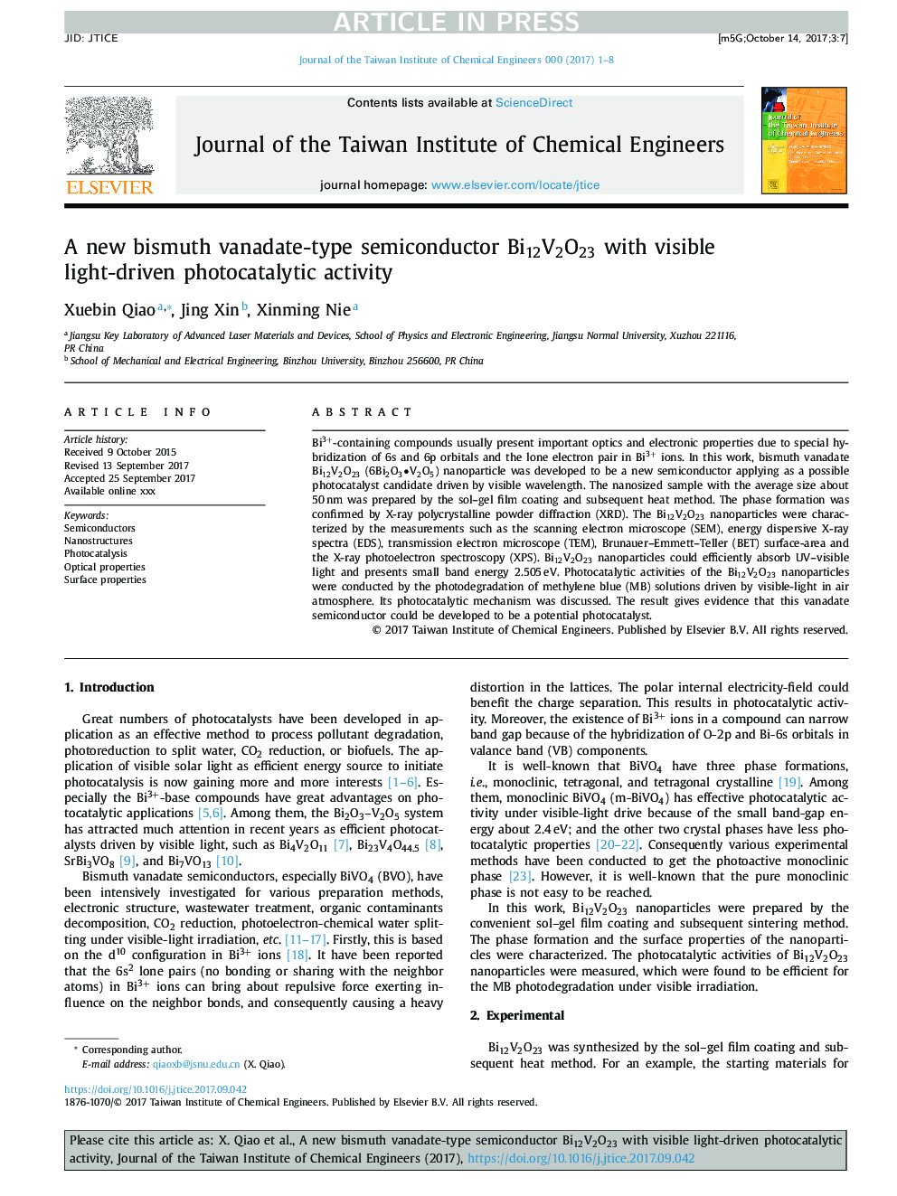 عکس صفحه اول مقاله: A new bismuth vanadate-type semiconductor Bi12V2O23 with visible light-driven photocatalytic activity A new bismuth vanadate-type semiconductor Bi12V2O23 with visible light-driven photocatalytic activity