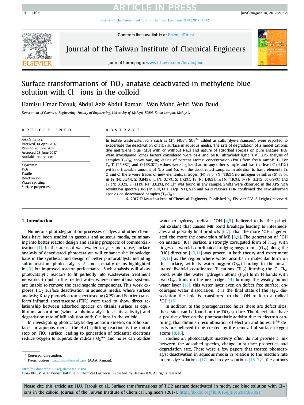 Surface transformations of TiO2 anatase deactivated in methylene blue solution with Clâ ions in the colloid