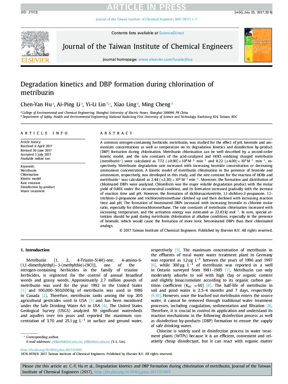 Degradation kinetics and DBP formation during chlorination of metribuzin