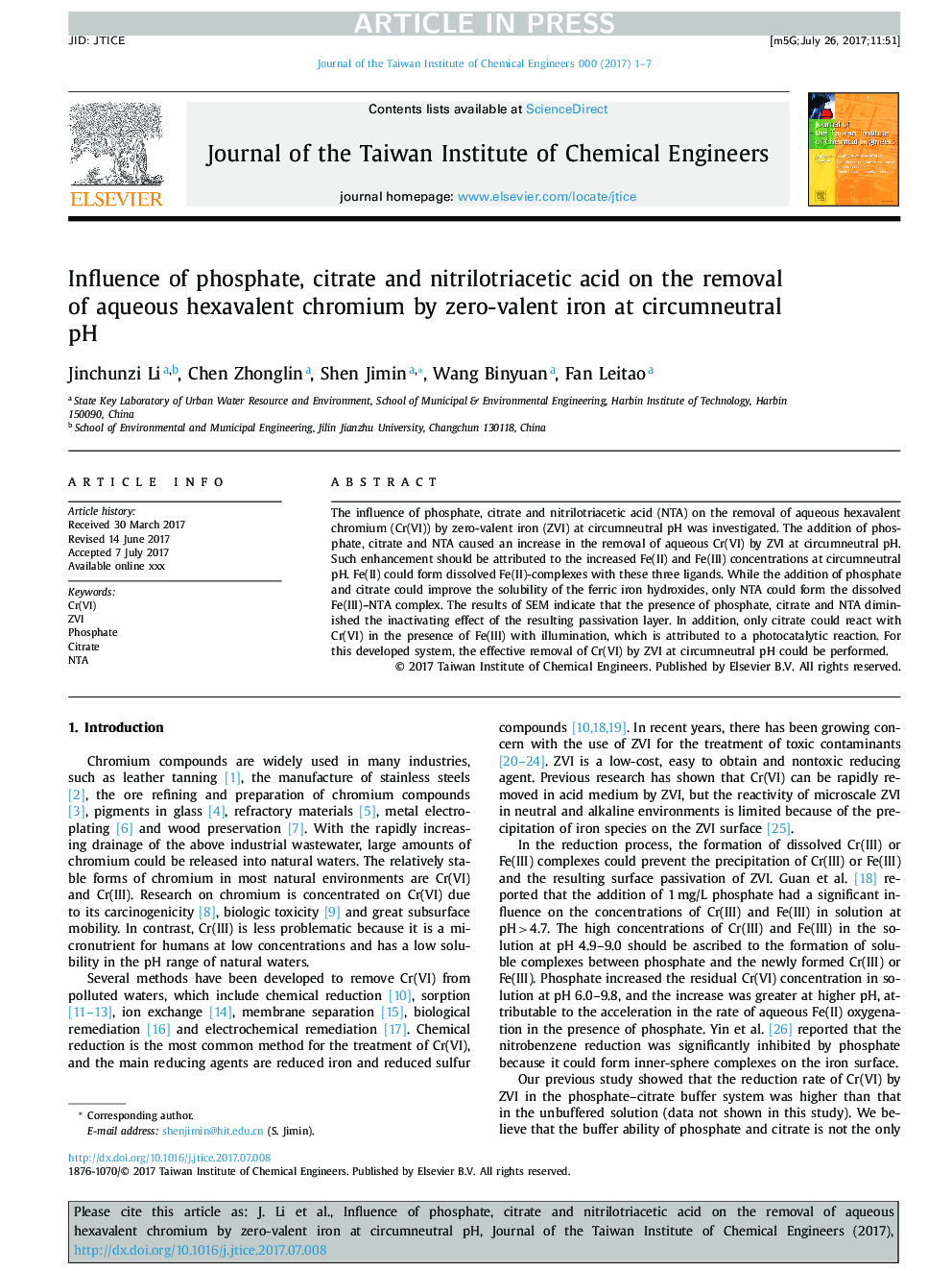 Influence of phosphate, citrate and nitrilotriacetic acid on the removal of aqueous hexavalent chromium by zero-valent iron at circumneutral pH