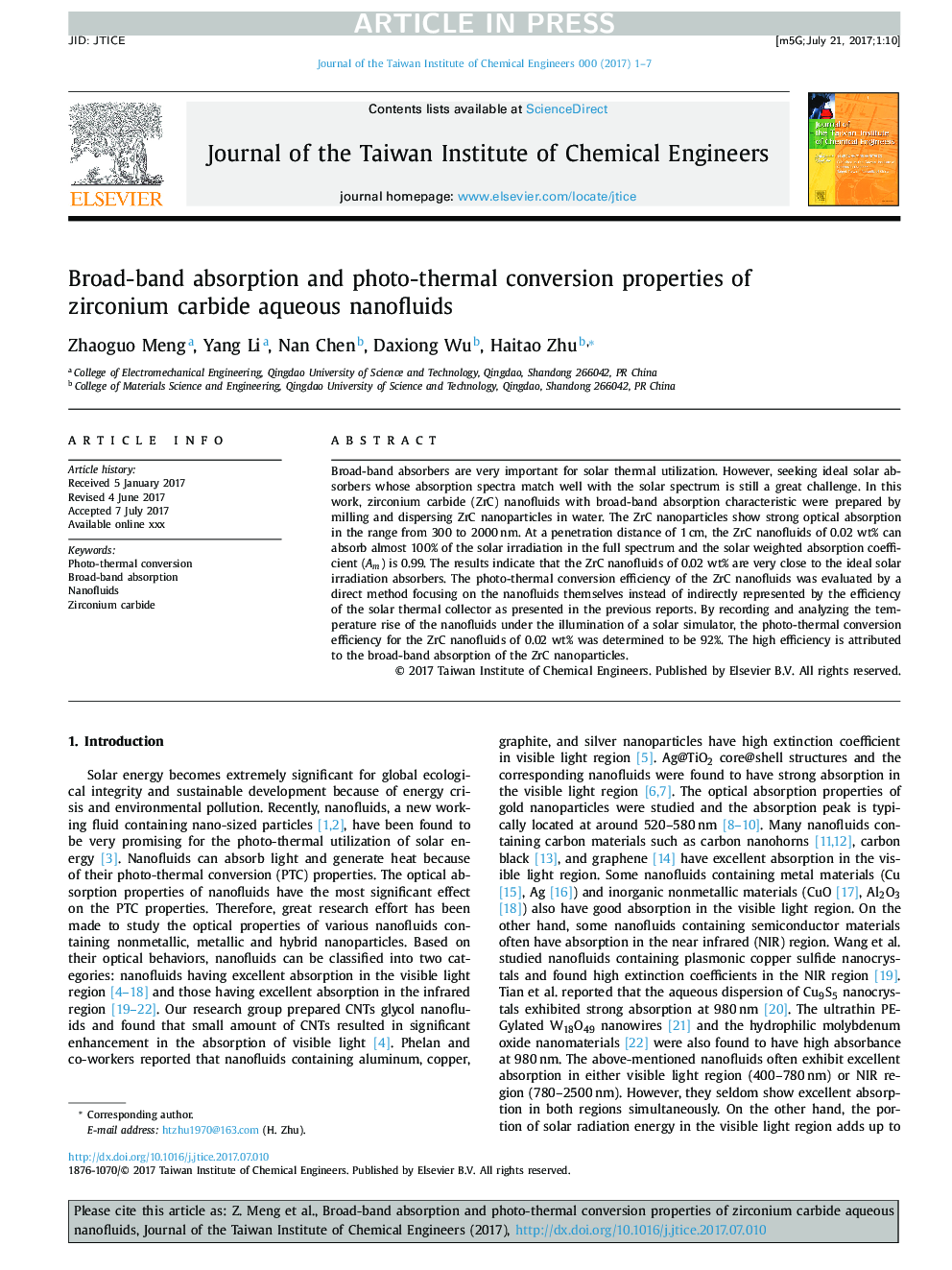 Broad-band absorption and photo-thermal conversion properties of zirconium carbide aqueous nanofluids