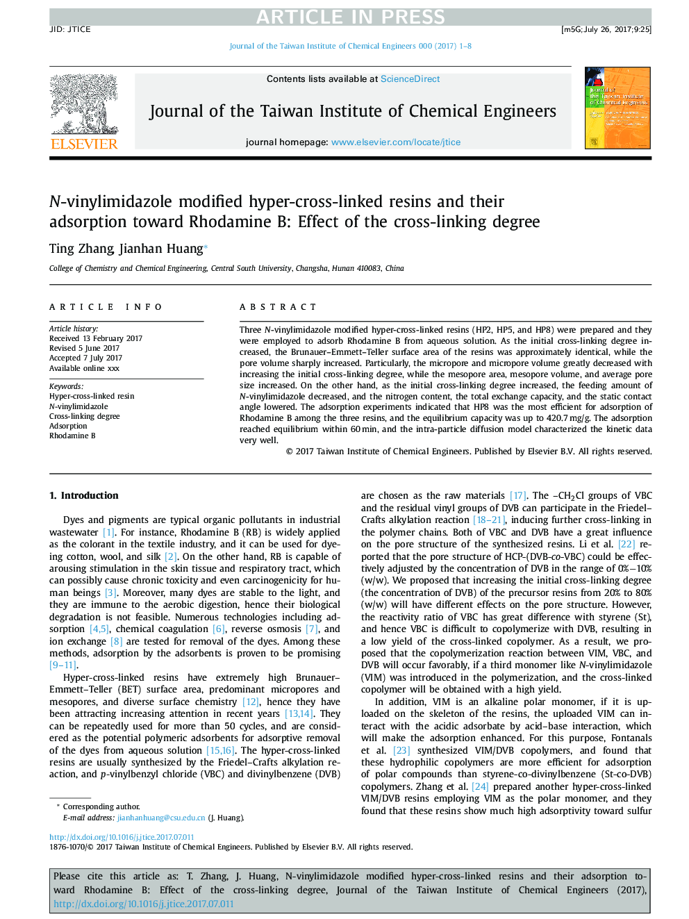 N-vinylimidazole modified hyper-cross-linked resins and their adsorption toward Rhodamine B: Effect of the cross-linking degree