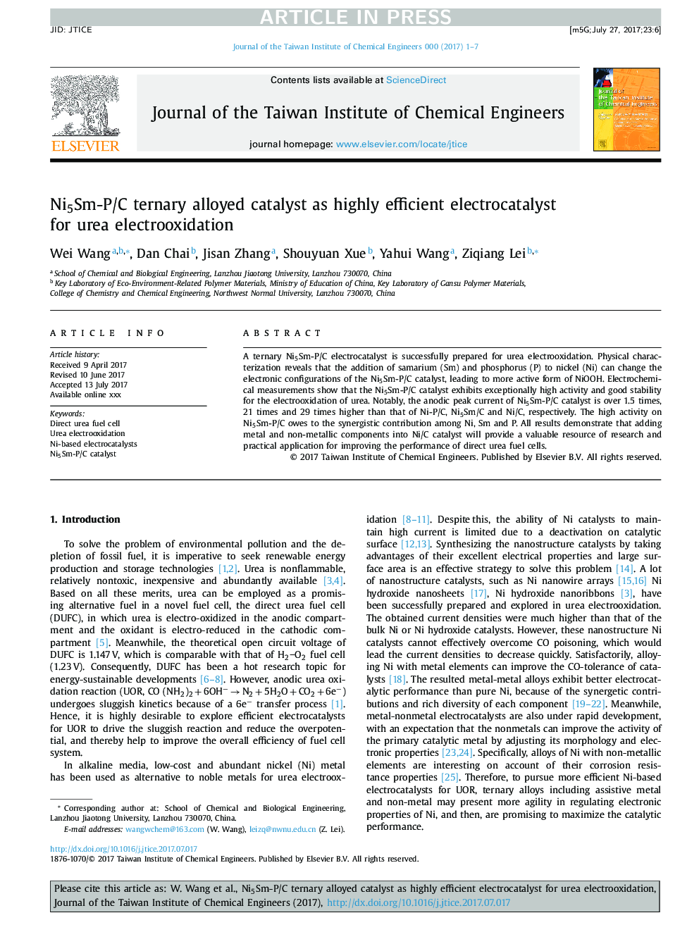 Ni5Sm-P/C ternary alloyed catalyst as highly efficient electrocatalyst for urea electrooxidation