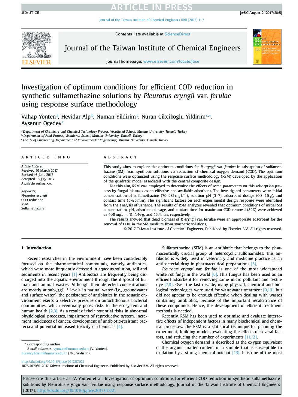 Investigation of optimum conditions for efficient COD reduction in synthetic sulfamethazine solutions by Pleurotus eryngii var. ferulae using response surface methodology