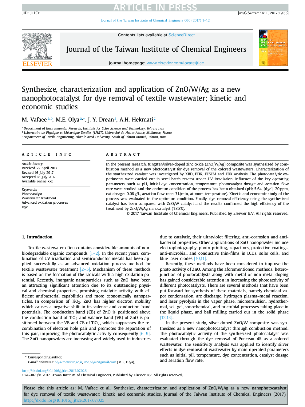 Synthesize, characterization and application of ZnO/W/Ag as a new nanophotocatalyst for dye removal of textile wastewater; kinetic and economic studies