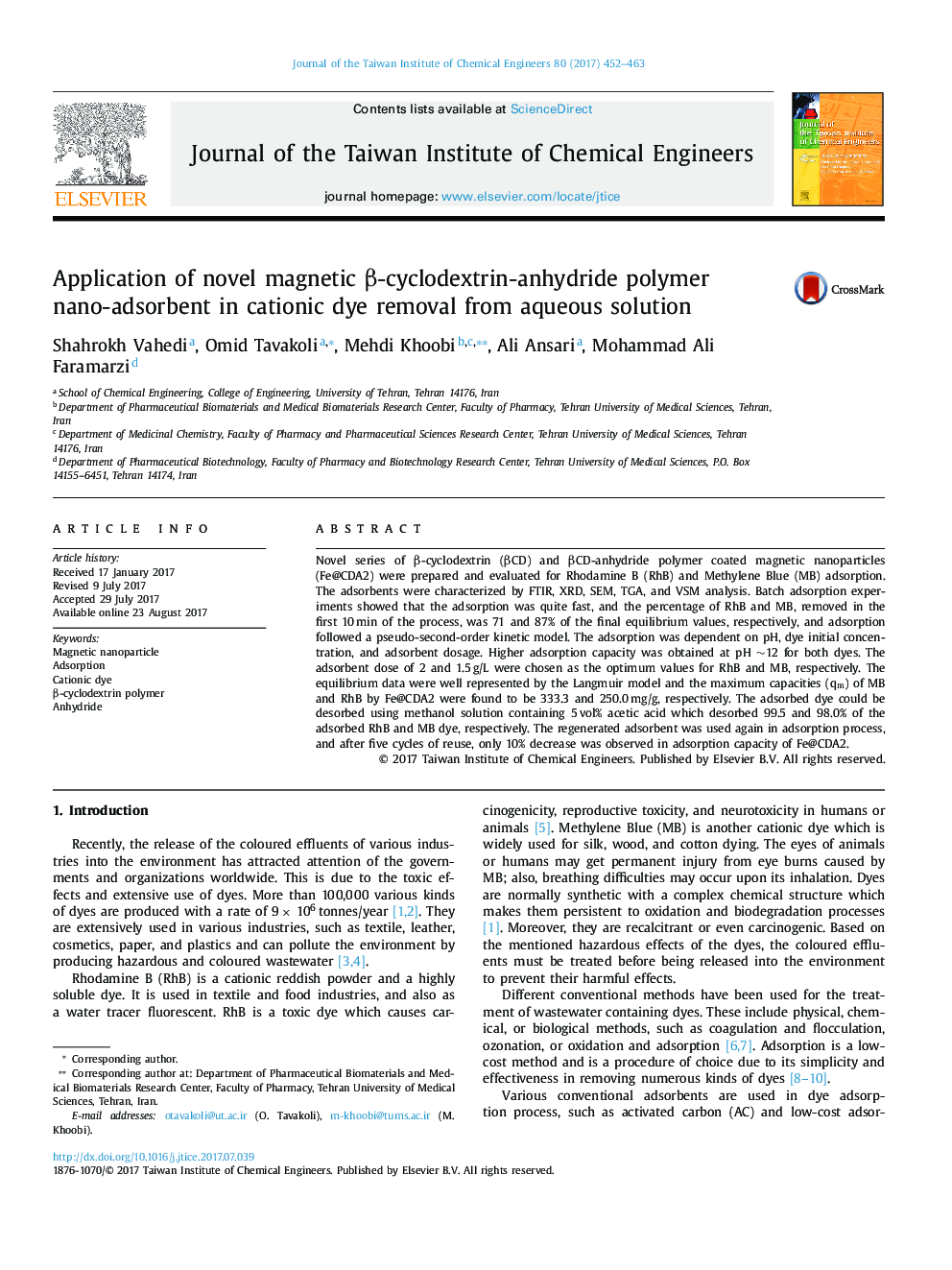 Application of novel magnetic Î²-cyclodextrin-anhydride polymer nano-adsorbent in cationic dye removal from aqueous solution