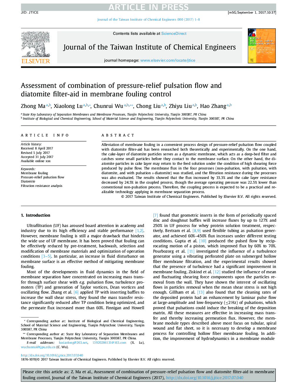 Assessment of combination of pressure-relief pulsation flow and diatomite filter-aid in membrane fouling control