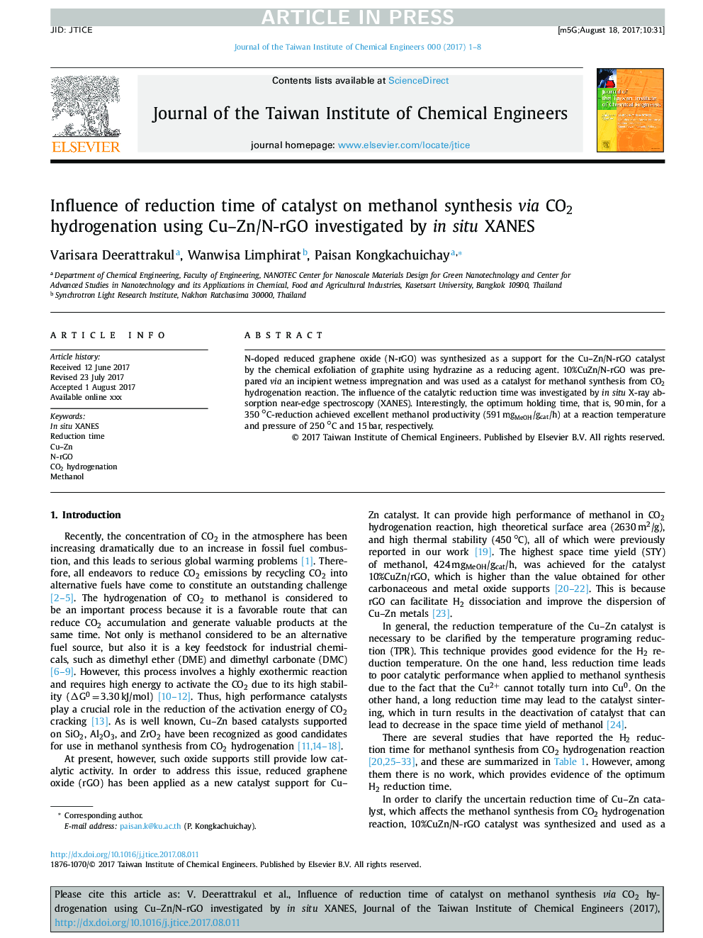 Influence of reduction time of catalyst on methanol synthesis via CO2 hydrogenation using Cu-Zn/N-rGO investigated by in situ XANES