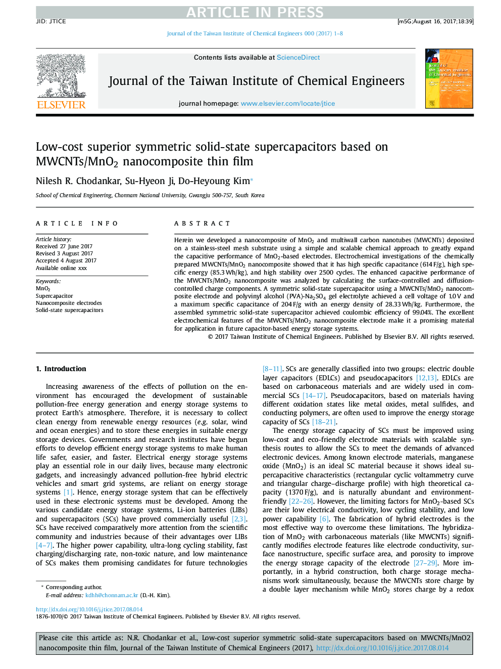 Low-cost superior symmetric solid-state supercapacitors based on MWCNTs/MnO2 nanocomposite thin film