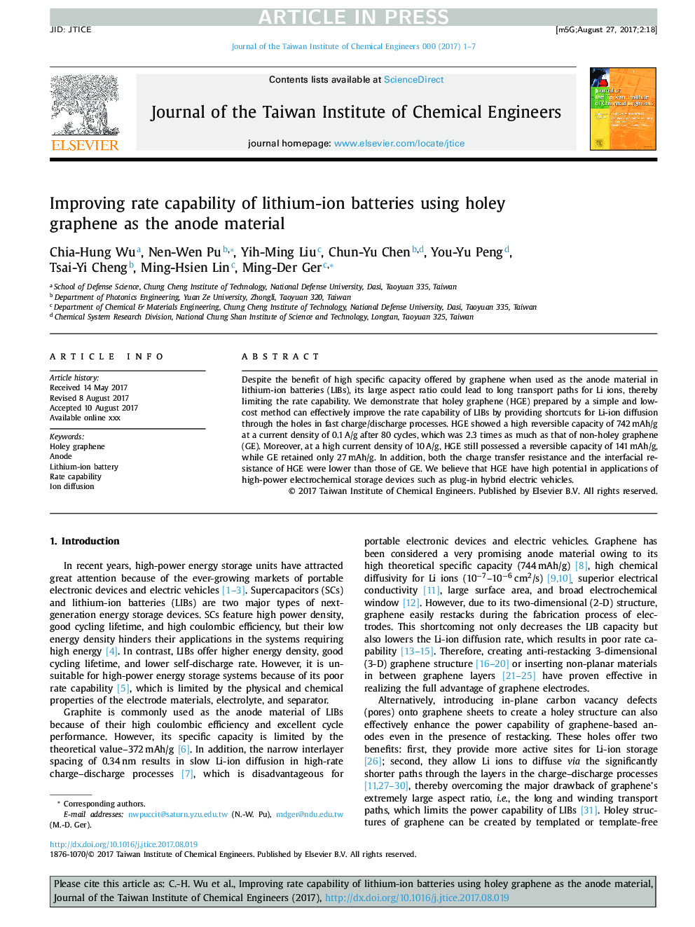 Improving rate capability of lithium-ion batteries using holey graphene as the anode material