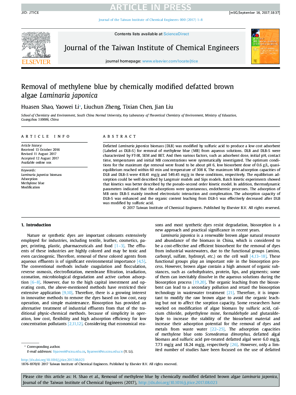 Removal of methylene blue by chemically modified defatted brown algae Laminaria japonica