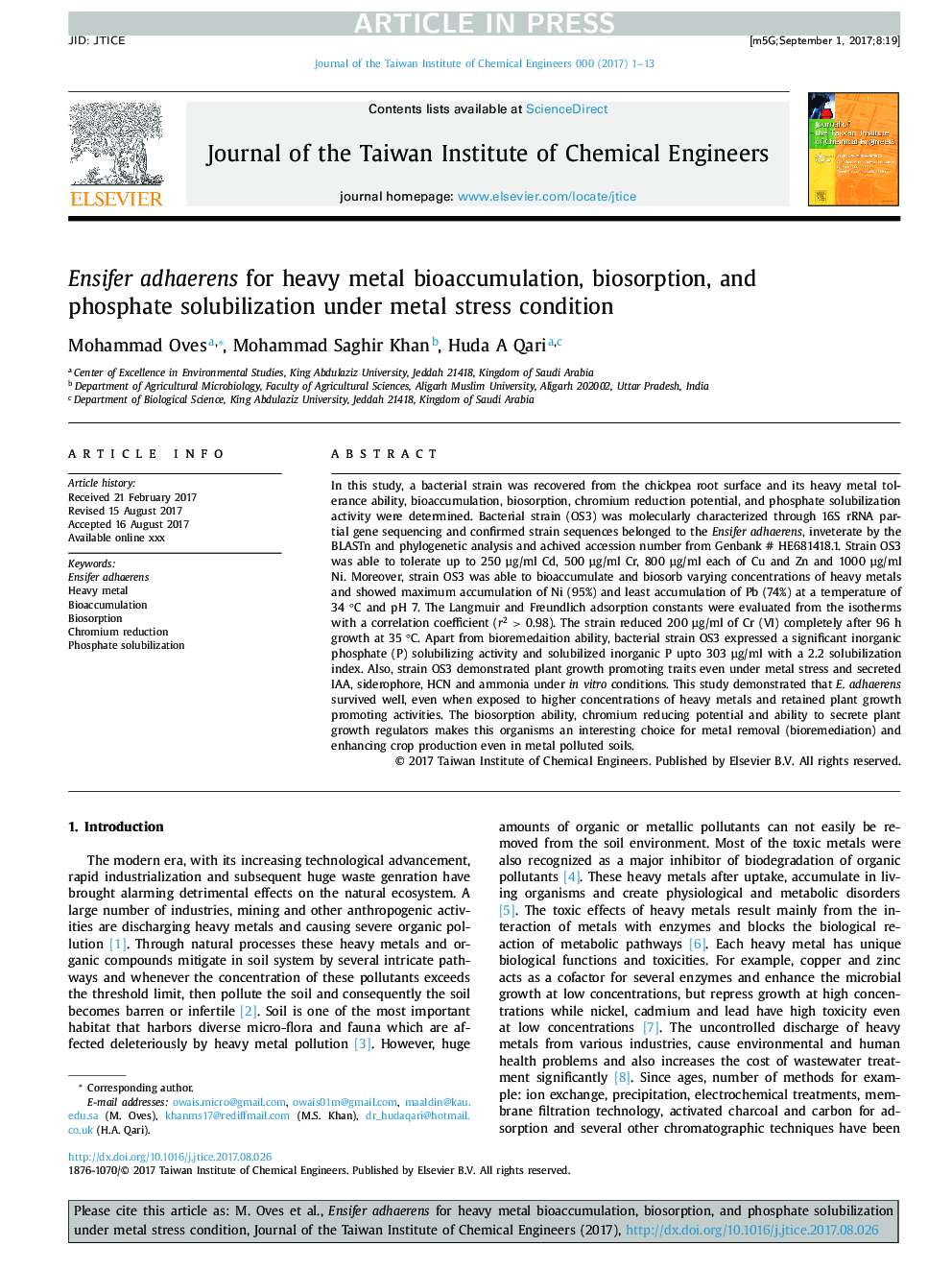 عکس صفحه اول مقاله: Ensifer adhaerens for heavy metal bioaccumulation, biosorption, and phosphate solubilization under metal stress condition Ensifer adhaerens for heavy metal bioaccumulation, biosorption, and phosphate solubilization under metal stress condition