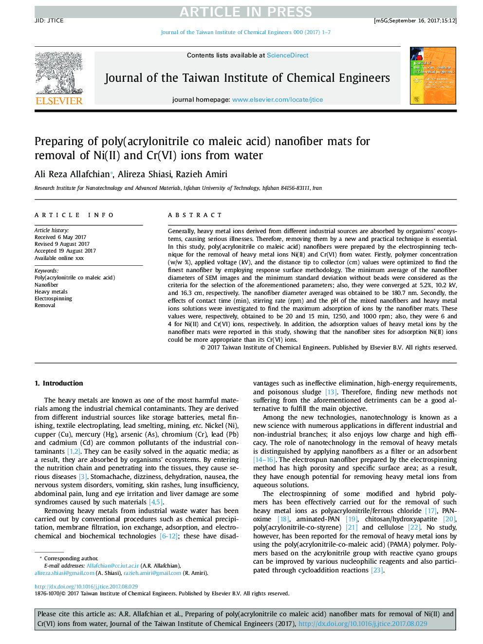 Preparing of poly(acrylonitrile co maleic acid) nanofiber mats for removal of Ni(II) and Cr(VI) ions from water