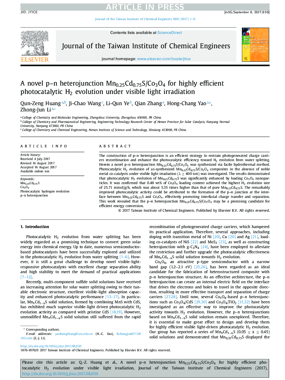 A novel p-n heterojunction Mn0.25Cd0.75S/Co3O4 for highly efficient photocatalytic H2 evolution under visible light irradiation