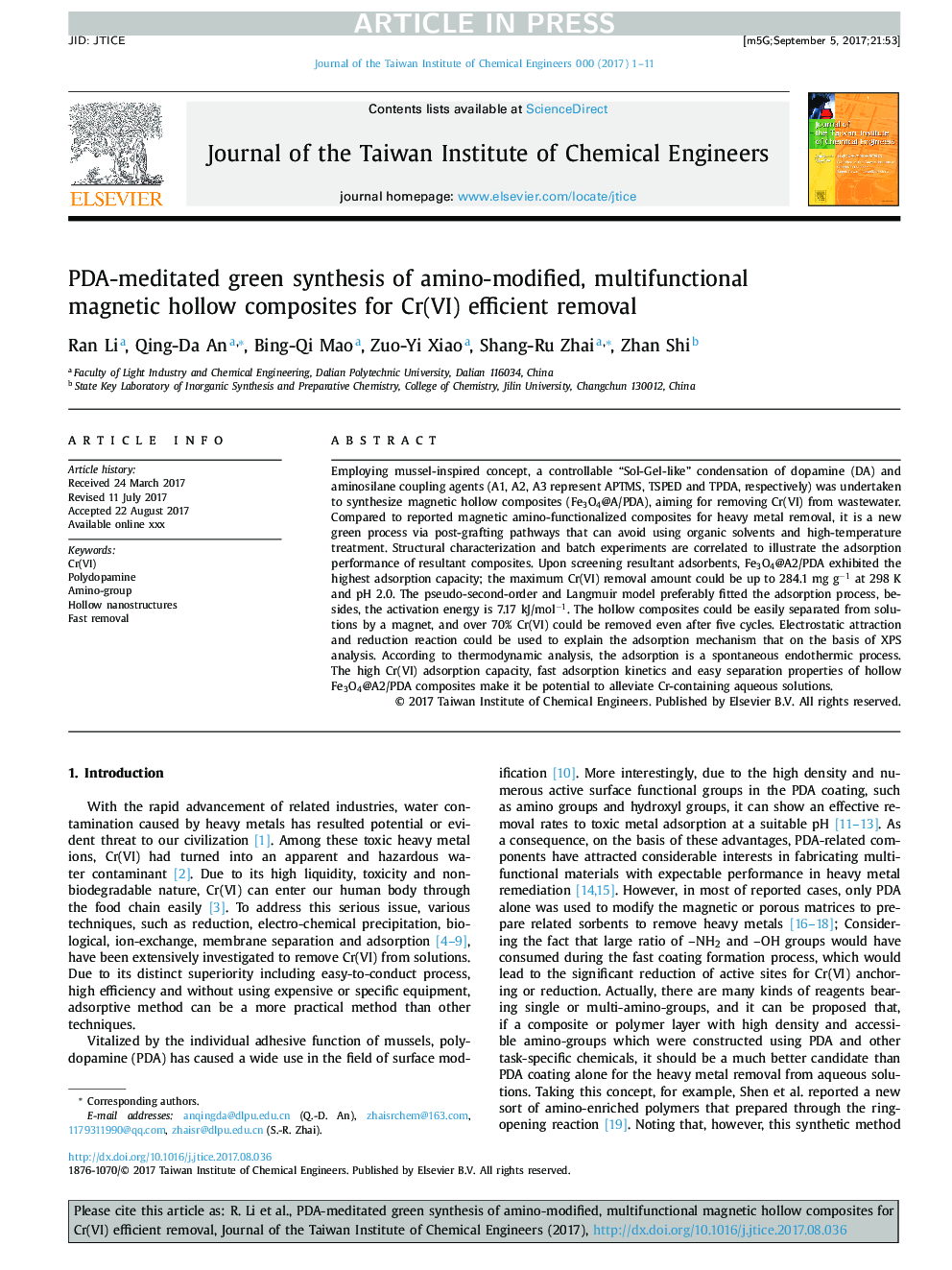 PDA-meditated green synthesis of amino-modified, multifunctional magnetic hollow composites for Cr(VI) efficient removal