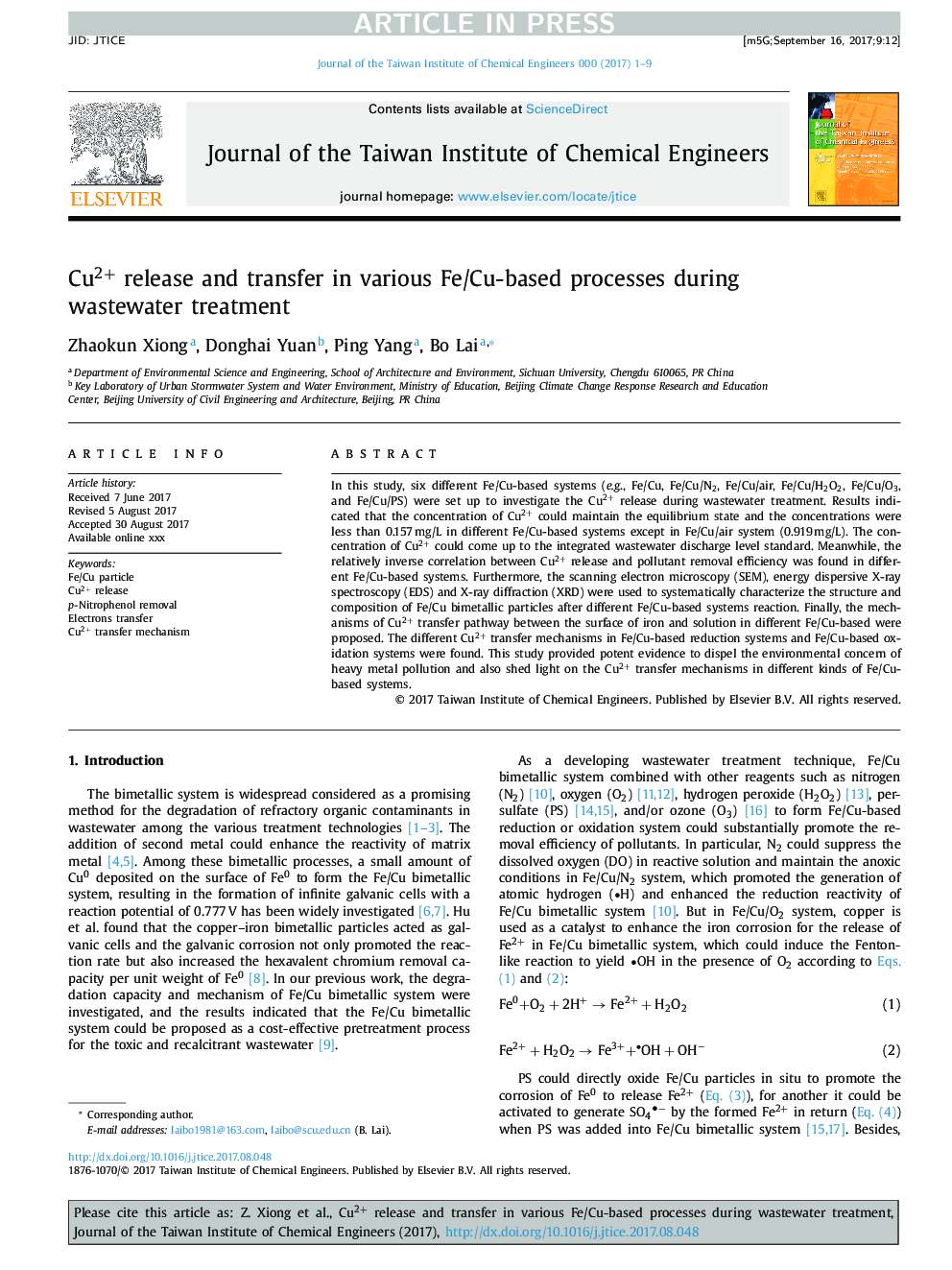 Cu2+ release and transfer in various Fe/Cu-based processes during wastewater treatment