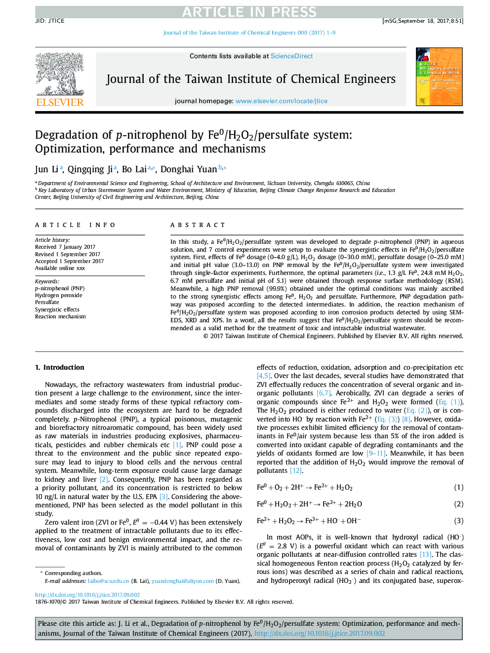 Degradation of p-nitrophenol by Fe0/H2O2/persulfate system: Optimization, performance and mechanisms