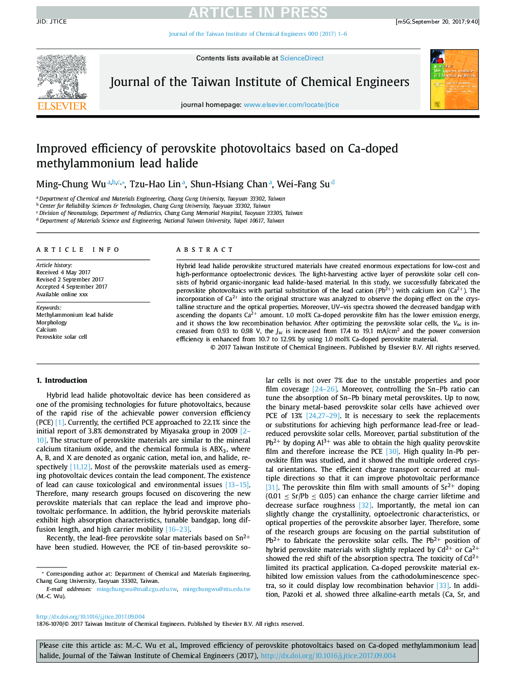 عکس صفحه اول مقاله: Improved efficiency of perovskite photovoltaics based on Ca-doped methylammonium lead halide Improved efficiency of perovskite photovoltaics based on Ca-doped methylammonium lead halide
