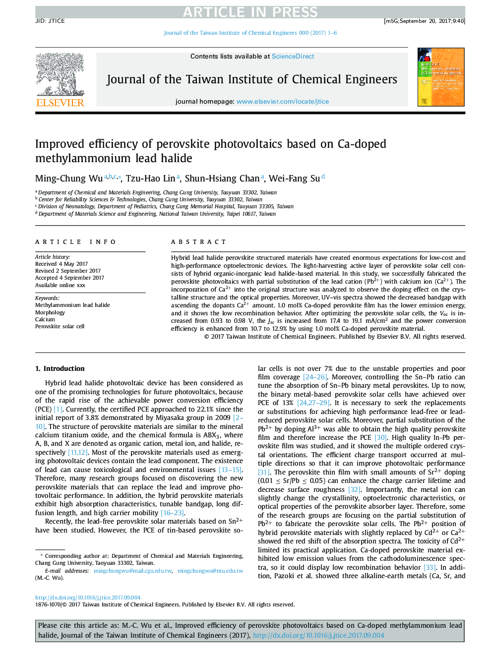 Improved efficiency of perovskite photovoltaics based on Ca-doped methylammonium lead halide