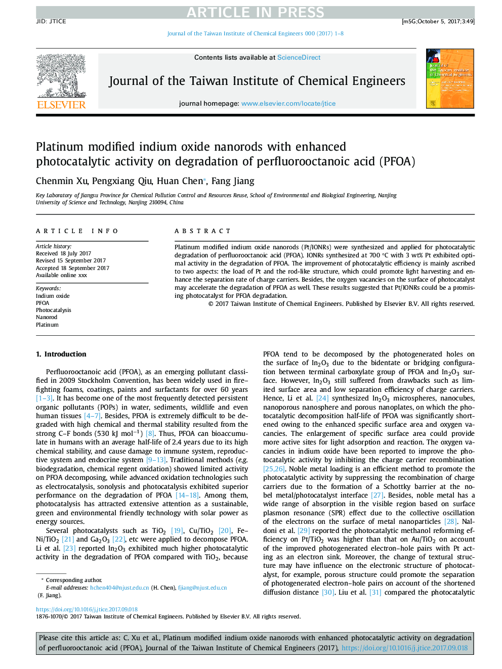 Platinum modified indium oxide nanorods with enhanced photocatalytic activity on degradation of perfluorooctanoic acid (PFOA)