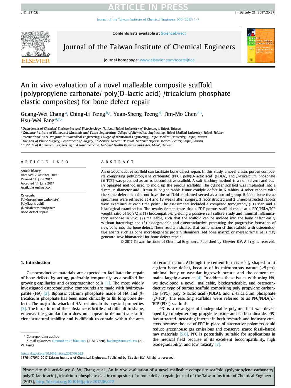 An in vivo evaluation of a novel malleable composite scaffold (polypropylene carbonate/ poly(D-lactic acid) /tricalcium phosphate elastic composites) for bone defect repair